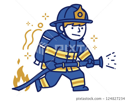 Firefighter in Action Extinguishing Flames with Water Hose Firefighter in Action Extinguishing Flames with Water Hose 124827234