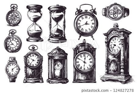 Sketch clocks. Ink drawn retro pocket watch antique hourglass alarm clocks dial with hands, time device set vector illustration Sketch clocks. Ink drawn retro pocket watch antique hourglass alarm clocks dial with hands, time device set vector illustration 124827278