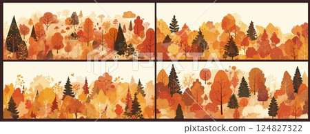 Autumn forest. Watercolor fall panoramic landscape background, orange season woodland trees scene vector illustration 124827322
