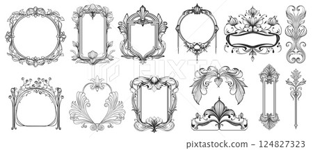 Art nouveau frames. Decorative hand drawn vintage ornate borders and elements for wedding invitation set vector illustration 124827323