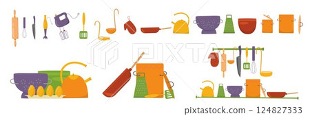 Kitchen utensils set. Vector stock illustration isolated on background for design template cuisine recipe book, menu cafe, restaurant, bistro, canteen, mess hall, lunchroom in school kindergarten.  124827333