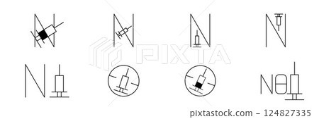 No syringe, hormones, antibiotic, drugs icons set. No injection symbol. Vector stock illustration isolated on white background for design template medical, pharmacy, hospital. Editable stroke line 124827335