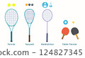 Four types of sports rackets - tennis, squash, badminton, and table tennis, with their respective balls or shuttlecocks. 124827345