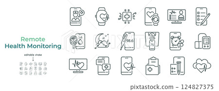 Set of telemedicine icons for remote healthcare, medical services, online consultations, patient support, and virtual doctor visits. Editable stroke style, modern wellness symbols. 124827375