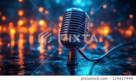 Dynamic retro microphone illuminated by vibrant lights and rain in a lively urban setting at night 124827449