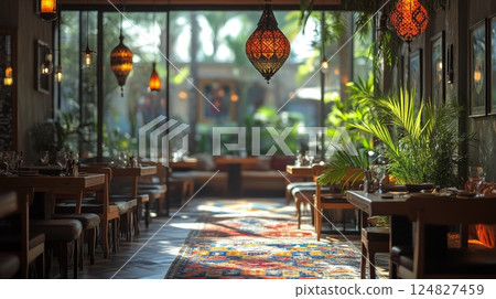 Cozy dining area with vibrant decor and natural light in a tropical restaurant 124827459
