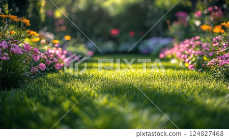 Vibrant flower garden with lush greenery and colorful blooms during sunny afternoon Vibrant flower garden with lush greenery and colorful blooms during sunny afternoon 124827468