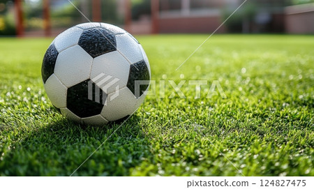Sunset soccer ball resting on green grass in a peaceful outdoor setting Sunset soccer ball resting on green grass in a peaceful outdoor setting 124827475