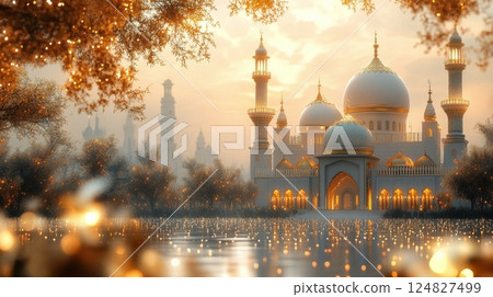 Majestic mosque illuminated by golden light during sunset near tranquil water 124827499