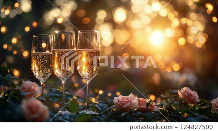 Celebration with sparkling drinks and sunset glow in a garden setting with roses 124827500
