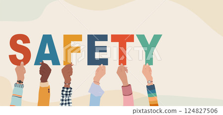 Multicultural Hands Holding Letters Forming the Word SAFETY. Banner copy space 124827506