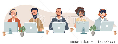 Customer service, hotline operators consult customers with headsets on computers, 247 global online technical support, Call center, call processing system, Vector illustration 124827533