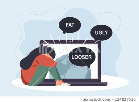 Sad woman with laptop receiving pop up messages. Cyber bullying. Online abuse concept. Teenager sitting on the floor and crying. Vector illustration in flat cartoon style. 124827536