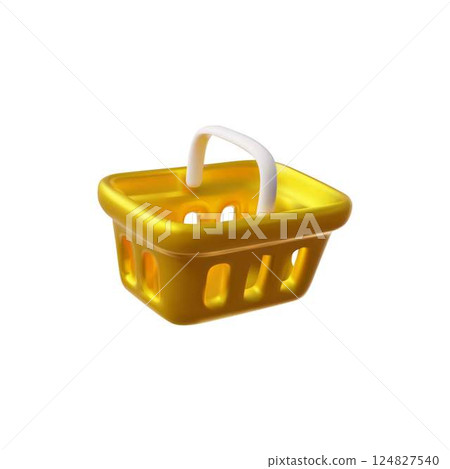 Realistic yellow shopping basket 3D plastic style vector icon, empty golden container for purchase, carrying handle box 124827540