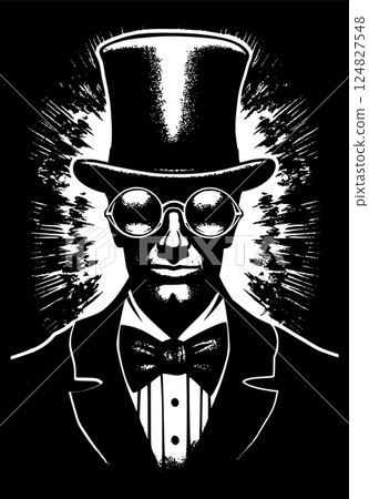 Vintage vector illustration of a gentleman with a top hat and mustache, drawn in a classic engraving style. Generated AI Vintage vector illustration of a gentleman with a top hat and mustache, drawn in a classic engraving style. Generated AI 124827548