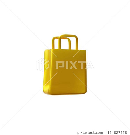 3D golden shopping bag icon. Empty package with handles. 124827558