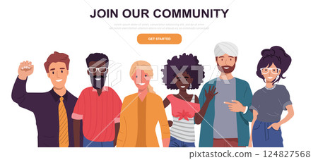 Join our team. Teamwork, cooperation, friendship concept. Multicultural team. Unity in diversity. People of different nationalities and religions cartoon characters. Join our team. Teamwork, cooperation, friendship concept. Multicultural team. Unity in diversity. People of different nationalities and religions cartoon characters. 124827568