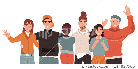 Join our team. Teamwork, cooperation, friendship concept. Multicultural team. Unity in diversity. People of different nationalities and religions cartoon characters. 124827569