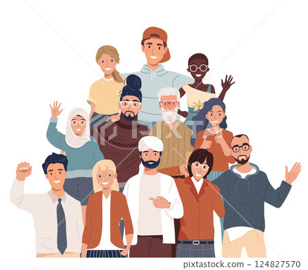 Join our team. Teamwork, cooperation, friendship concept. Multicultural team. Unity in diversity. People of different nationalities and religions cartoon characters. 124827570