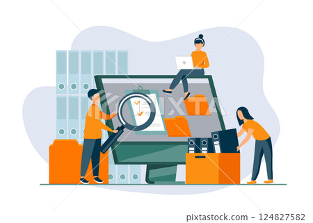 Office workers organizing data storage and file archive on server or computer. PC users searching documents on database. Vector illustration for information technology, source concept 124827582