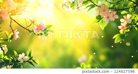 Blurred Spring Meadow with Bokeh Sunlight and Flowers 124827596