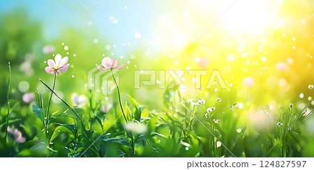 Blurred Spring Meadow with Bokeh Sunlight and Flowers 124827597