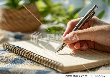 Hand Writing in Paper Journal with Fountain Pen Hand Writing in Paper Journal with Fountain Pen 124827670