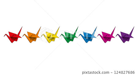 Rainbow colored origami cranes, also called tsuru or orizuru. Illustration of 7 multi colored Japanese origami cranes, traditionally made of folding paper, used as decoration, present or peace symbol. Rainbow colored origami cranes, also called tsuru or orizuru. Illustration of 7 multi colored Japanese origami cranes, traditionally made of folding paper, used as decoration, present or peace symbol. 124827686