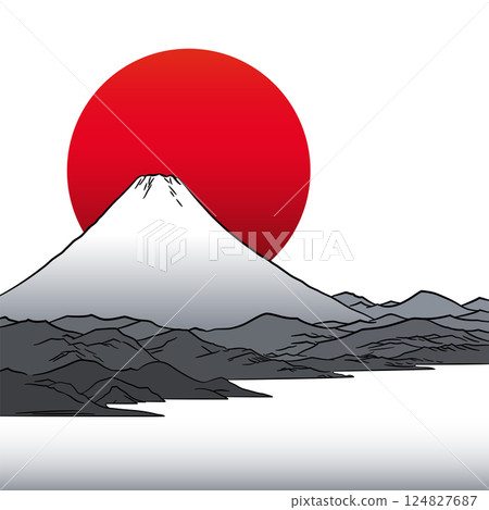 Mount Fuji and red rising sun, illustration of an idyllic landscape. Fujisan, the highest mountain of Japan, in front of a crimson ball of the sun, the symbol of Hinomaru, the Japanese national flag. Mount Fuji and red rising sun, illustration of an idyllic landscape. Fujisan, the highest mountain of Japan, in front of a crimson ball of the sun, the symbol of Hinomaru, the Japanese national flag. 124827687