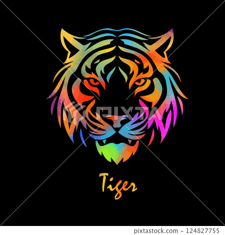 Tiger colored head on black background. hand drawing. Not AI, Vector illustration 124827755