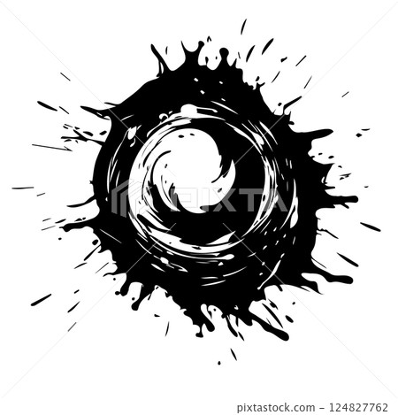 Round frame made of blots. Paint texture with drips. Grunge hand drawn. Not AI, Vector illustration. 124827762
