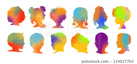 Set of colored silhouettes of people's heads. hand drawn. Not AI, Vector illustration 124827763