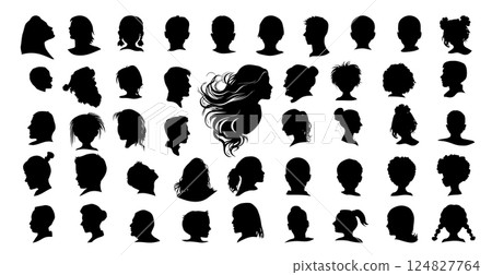 Set of silhouettes of people's heads. hand drawn. Not AI, Vector illustration 124827764