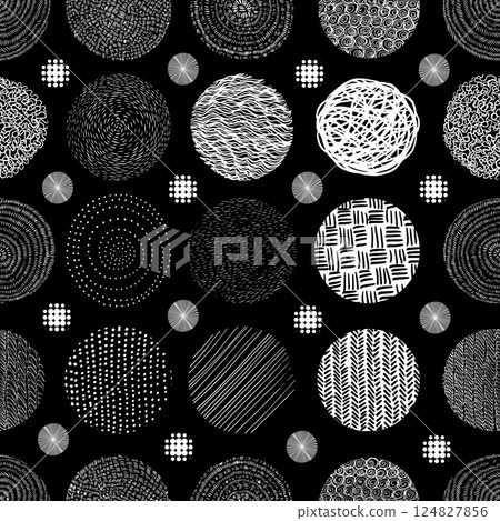 Seamless background with graphic circles. Hand drawing. Not AI, Vector illustration 124827856