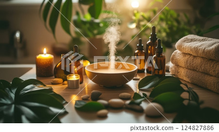 Aromatherapy diffuser with visible steam, surrounded by small amber bottles, smooth stones and green leaves, placed in cozy bathroom setting with candlelight glow 124827886