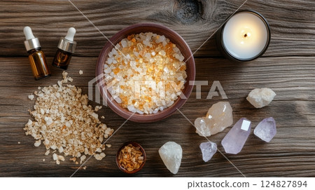 Flat lay of spiritual aromatherapy ritual with oils, herbs, crystals and candle on wooden surface, conveying healing energy and warm organic balance. 124827894