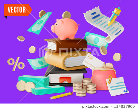 3d Banking Education Learning From Experts Concept Background Cartoon Design Style Piggy Bank on Top of Pile of Books and Money . Vector illustration 124827900