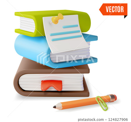 3d Pile of Books, Paper Sheet Letter and Pencil Concept Cartoon Design Style Isolated on a White Background. Vector illustration 3d Pile of Books, Paper Sheet Letter and Pencil Concept Cartoon Design Style Isolated on a White Background. Vector illustration 124827906