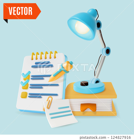 3d Table Lamp on Top of Book and Checklist Education or Planning Concept. Vector illustration of Task Management 124827916