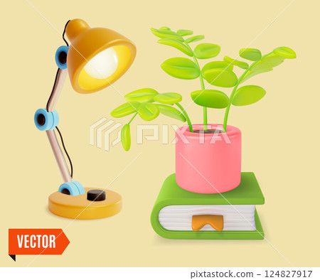 3d Home Plant on Top of Book and Table Lamp Indoor Gardening Education Concept Cartoon Design Style. Vector illustration 124827917