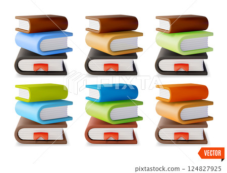 3d Different Color Pile of Books Set Cartoon Design Style Isolated on a White Background. Vector illustration of Book Stacks 124827925