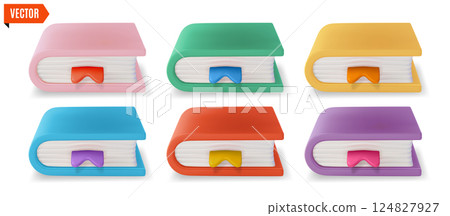 3d Different Color Bookmarked Book Set Cartoon Design Style Isolated on a White Background. Vector illustration of Books with Bookmark 124827927