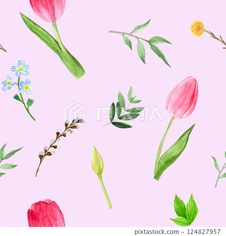 Seamless pattern on pink background. Watercolor spring flowers, willow, hand-drawn illustration Seamless pattern on pink background. Watercolor spring flowers, willow, hand-drawn illustration 124827957