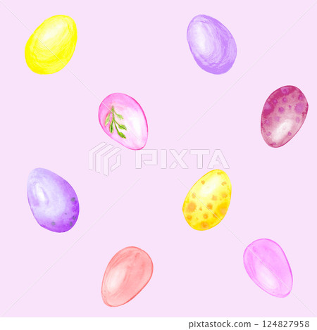 Seamless pattern on pink background. Watercolor Easter eggs, hand-drawn illustration 124827958