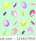 Seamless pattern on green background. Watercolor Easter eggs and sweets, hand-drawn illustration 124827959