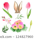 Watercolor spring flowers, hand-drawn illustration, tulips rabbit, primrose 124827960