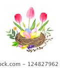Watercolor spring flowers, hand-drawn illustration, tulips, willow, Easter eggs in the nest 124827962