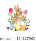 Watercolor spring flowers, hand-drawn illustration, tulips, willow, rabbit, Easter cake, Easter eggs 124827963