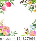 Watercolor square frame. Spring flowers, hand-drawn illustration, tulips, willow, primrose. 124827964