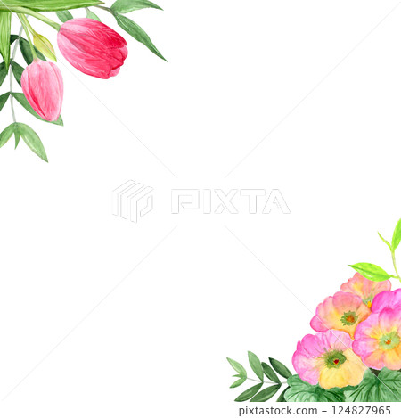 Watercolor spring flowers, hand-drawn illustration, tulips, primrose 124827965